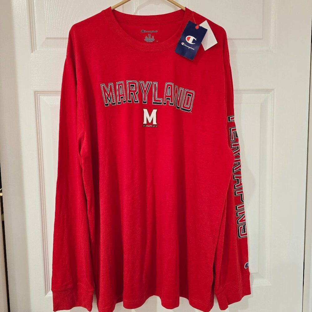 Maryland Terrapins Men's Champion Brand Long Sleeve T-Shirt Red Size 2XL‎ NWT